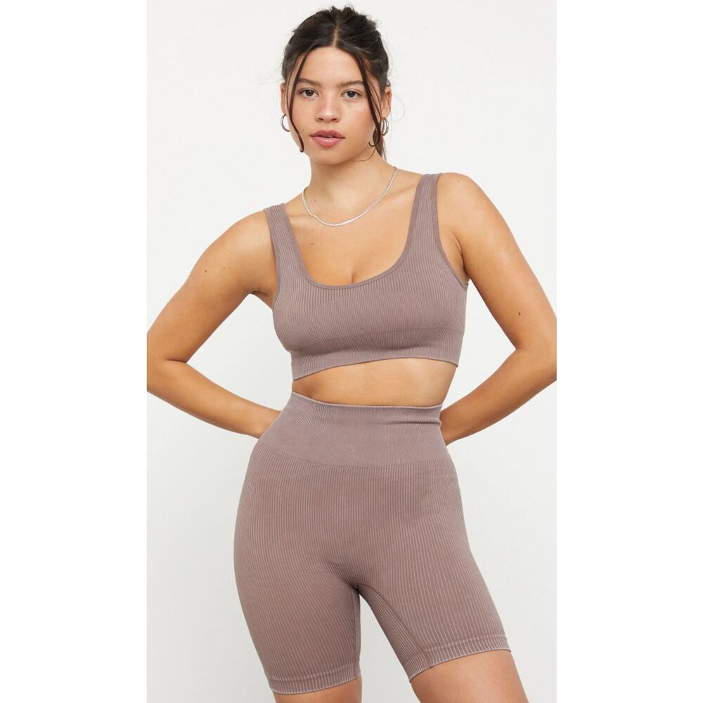 PACSUN PAC 1980 Active SET Women’s M / Ribbed Sports Bra & Biker Shorts 6” Brown